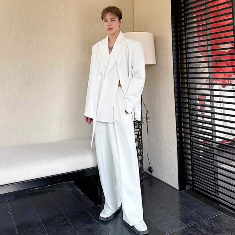 IEFB Niche Design Men's Two-piece Solid Color Double Layers Collar Lace-up Blazer Casual Straight Leg Male Suit Pants Chic 9W679