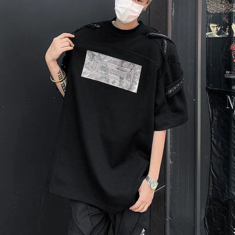 IEFB Fashion Men's T-shirts Metal Rivets Belt Decoration Round Collar Short Sleeved Loose Pullover Niche Male Tees Summer 9W2389