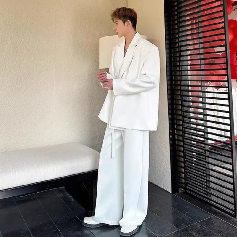 IEFB Niche Design Men's Two-piece Solid Color Double Layers Collar Lace-up Blazer Casual Straight Leg Male Suit Pants Chic 9W679