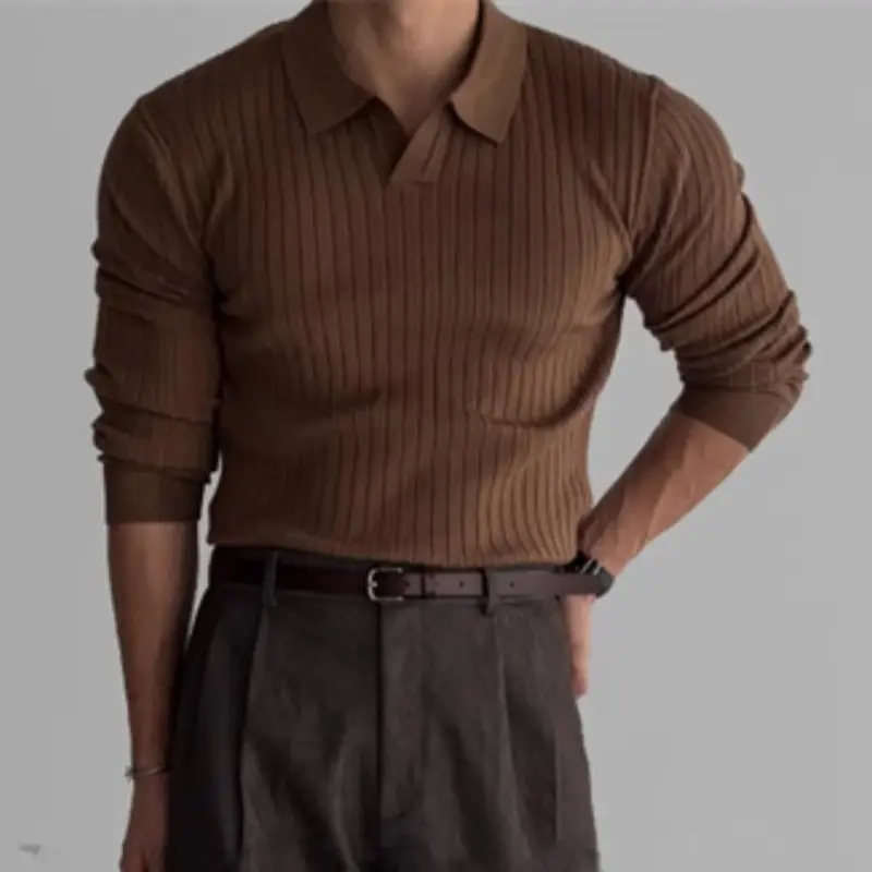 IEFB Korean Style Men's T-shirts Turn-down Collar Solid Color Knitting Long Sleeve Casual Tops Male Pullover Tees Spring 9W353