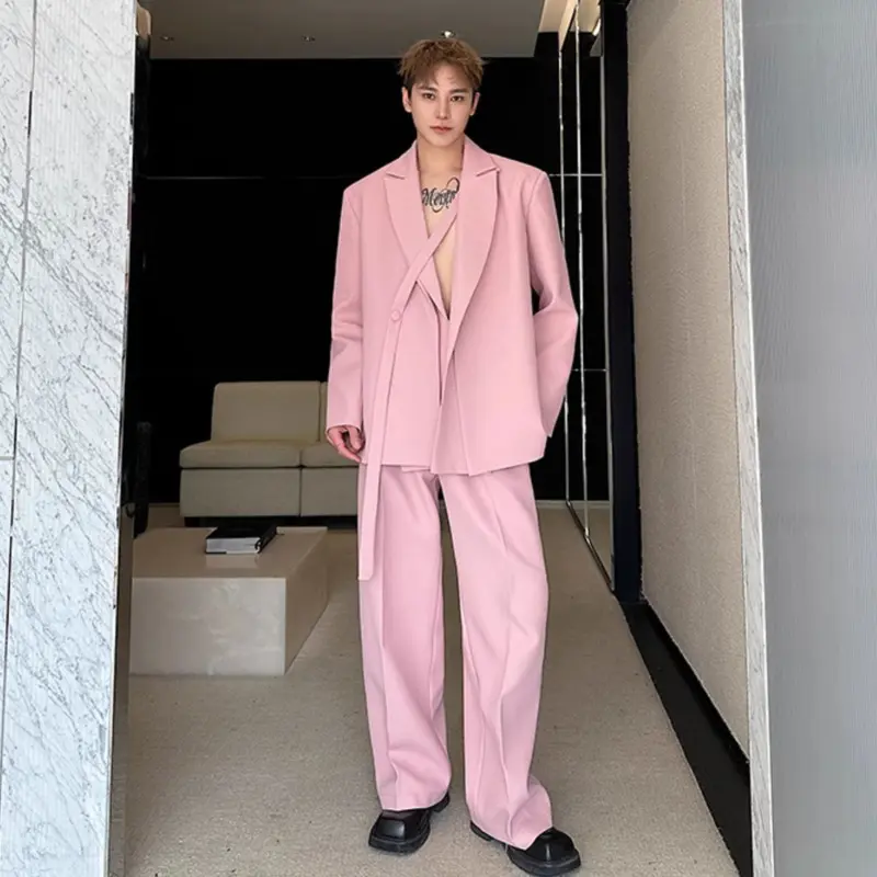 IEFB Niche Design Men's Two-piece Solid Color Double Layers Collar Lace-up Blazer Casual Straight Leg Male Suit Pants Chic 9W679