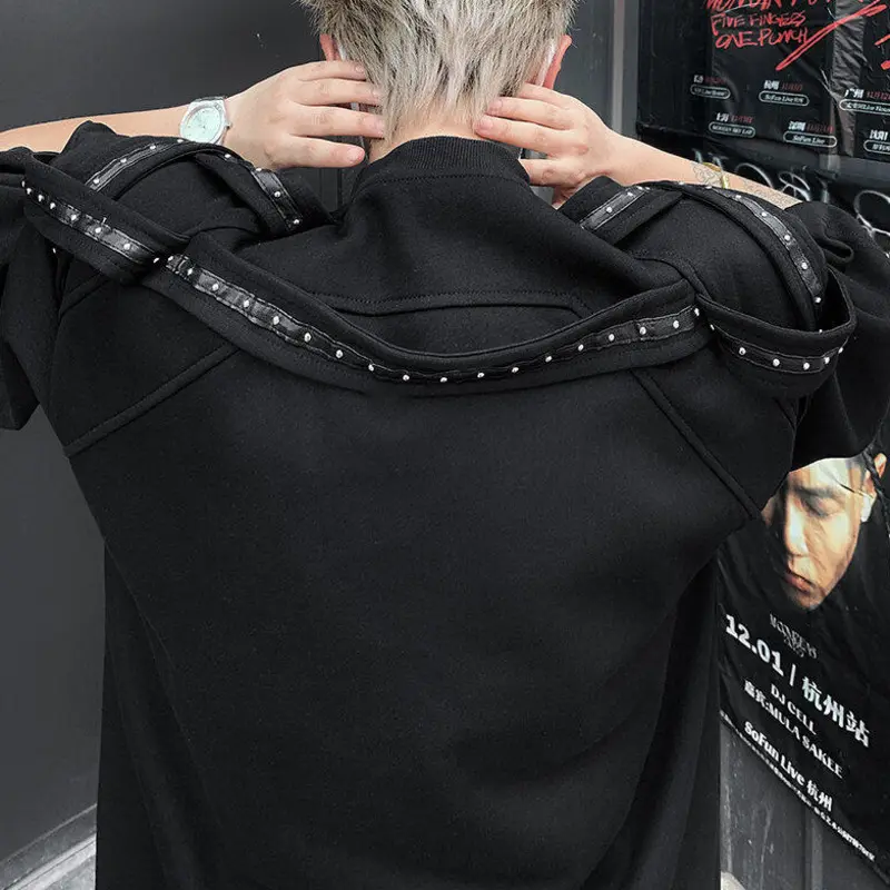 IEFB Fashion Men's T-shirts Metal Rivets Belt Decoration Round Collar Short Sleeved Loose Pullover Niche Male Tees Summer 9W2389