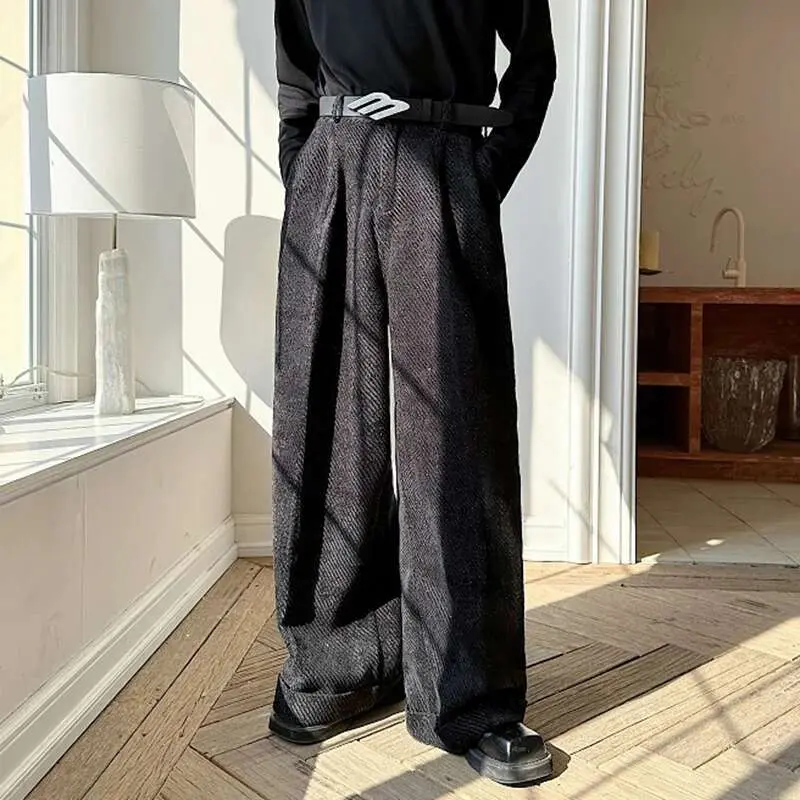 IEFB Niche Design Men Casual Trousers Solid Color Button Silver Twill All-match Loose Straight Wide Keg Male Korean Pants 9W546