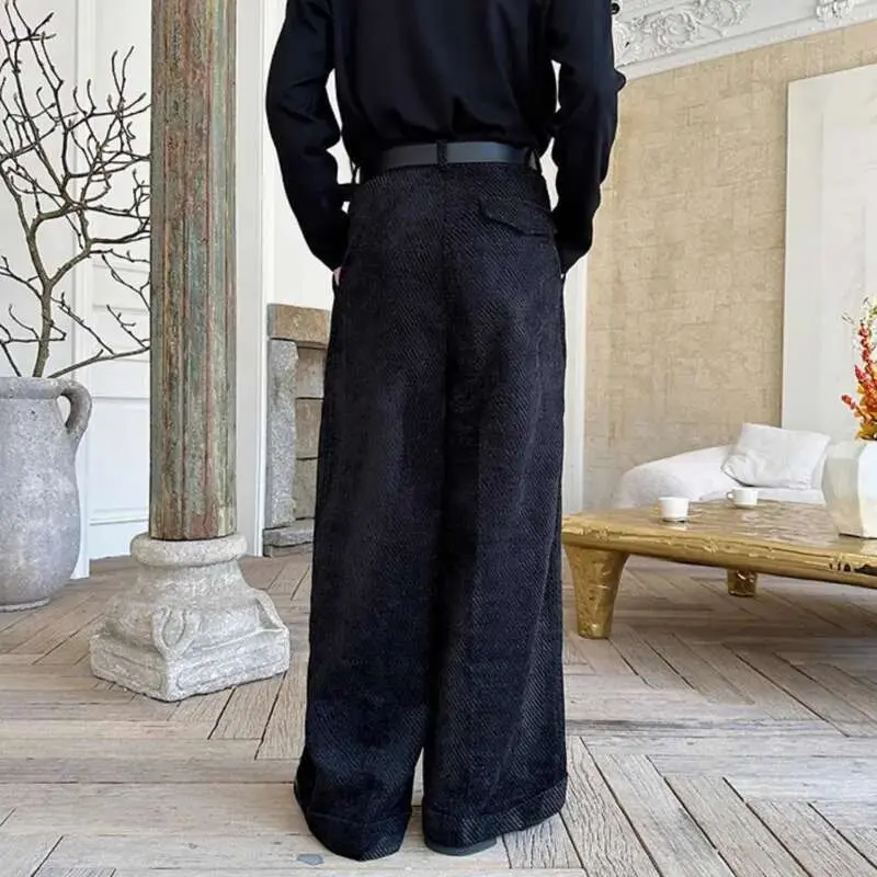 IEFB Niche Design Men Casual Trousers Solid Color Button Silver Twill All-match Loose Straight Wide Keg Male Korean Pants 9W546