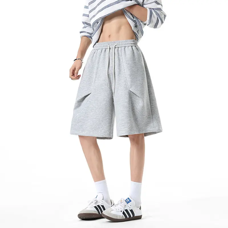 IEFB Loose Wide Sports Shorts Dark Pleated Arc Cut Design Solid Color Simple Men's Casual Cropped Pants Elastic Waist 9W3807