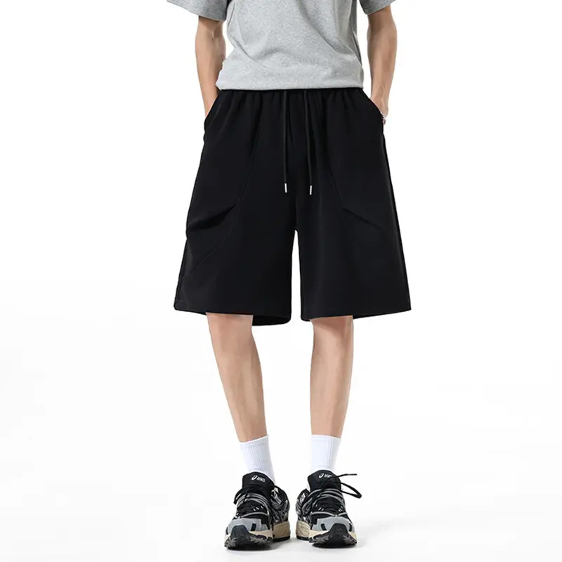 IEFB Loose Wide Sports Shorts Dark Pleated Arc Cut Design Solid Color Simple Men's Casual Cropped Pants Elastic Waist 9W3807