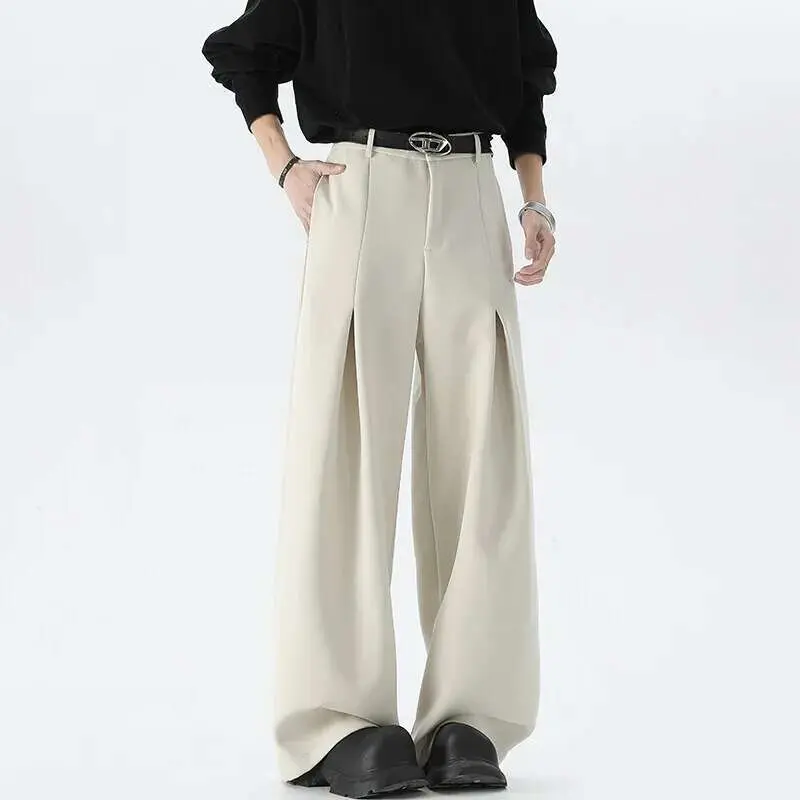 IEFB Pleated Design Men's Suit Pants Casual Solid Color American Style Bottom Drape Straight Wide Leg Male Trousers Simple 9W717