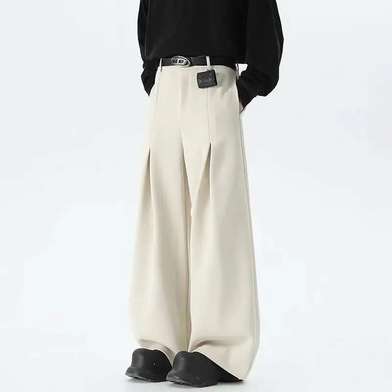 IEFB Pleated Design Men's Suit Pants Casual Solid Color American Style Bottom Drape Straight Wide Leg Male Trousers Simple 9W717