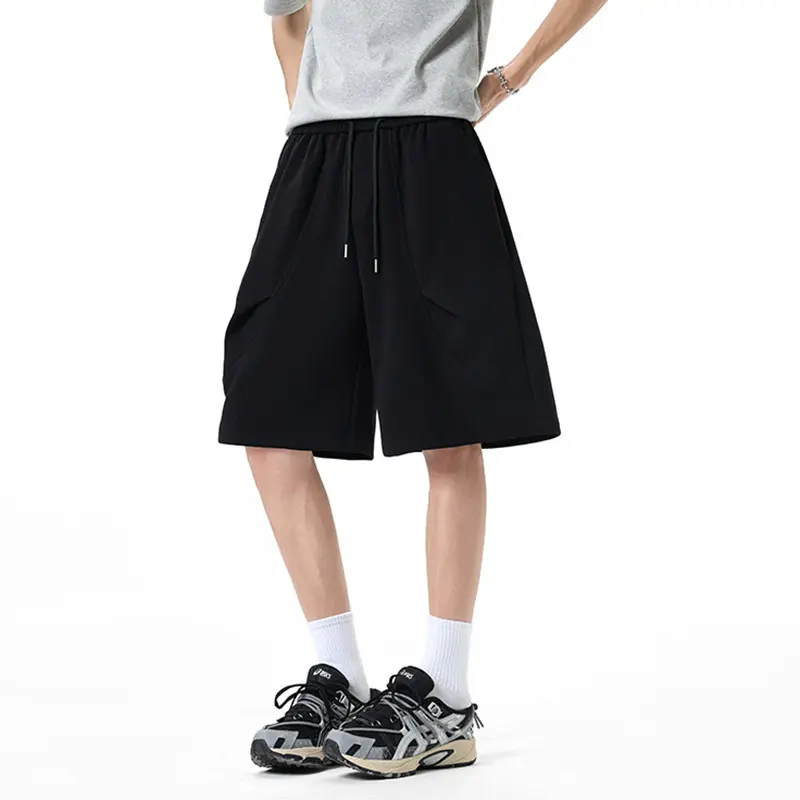 IEFB Loose Wide Sports Shorts Dark Pleated Arc Cut Design Solid Color Simple Men's Casual Cropped Pants Elastic Waist 9W3807