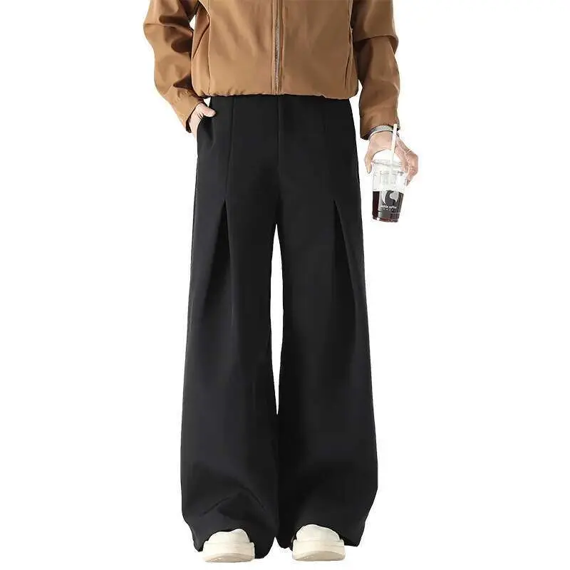 IEFB Pleated Design Men's Suit Pants Casual Solid Color American Style Bottom Drape Straight Wide Leg Male Trousers Simple 9W717