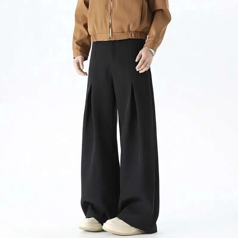 IEFB Pleated Design Men's Suit Pants Casual Solid Color American Style Bottom Drape Straight Wide Leg Male Trousers Simple 9W717