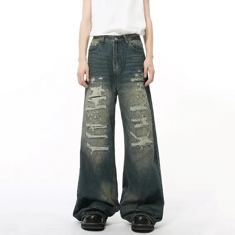IEFB High Street Men's Denim Pants Hole Worn-out Streetwear Trousers Straight Wide Leg Casual Male Jeans New Autumn 2024 9C8513