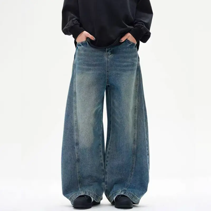 IEFB American Style Men's Denim Trousers Washing Solid Color Vintage Curved Knife Pants Wide Leg Loose Male Jeans Simple 9W2980