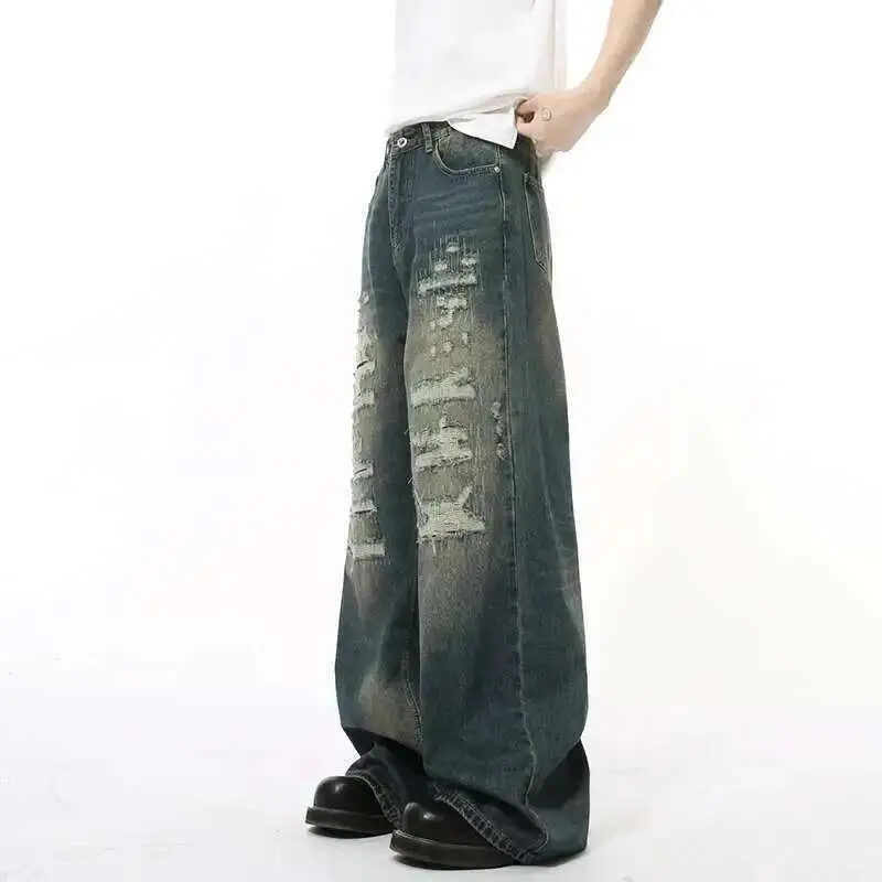 IEFB High Street Men's Denim Pants Hole Worn-out Streetwear Trousers Straight Wide Leg Casual Male Jeans New Autumn 2024 9C8513