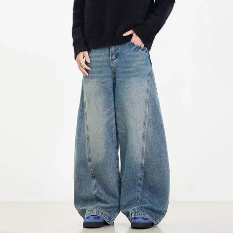 IEFB American Style Men's Denim Trousers Washing Solid Color Vintage Curved Knife Pants Wide Leg Loose Male Jeans Simple 9W2980