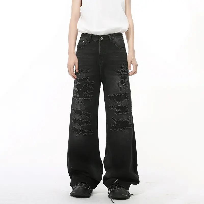 IEFB High Street Men's Denim Pants Hole Worn-out Streetwear Trousers Straight Wide Leg Casual Male Jeans New Autumn 2024 9C8513