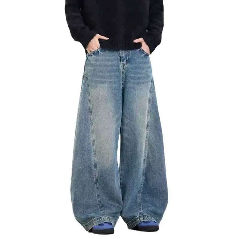 IEFB American Style Men's Denim Trousers Washing Solid Color Vintage Curved Knife Pants Wide Leg Loose Male Jeans Simple 9W2980