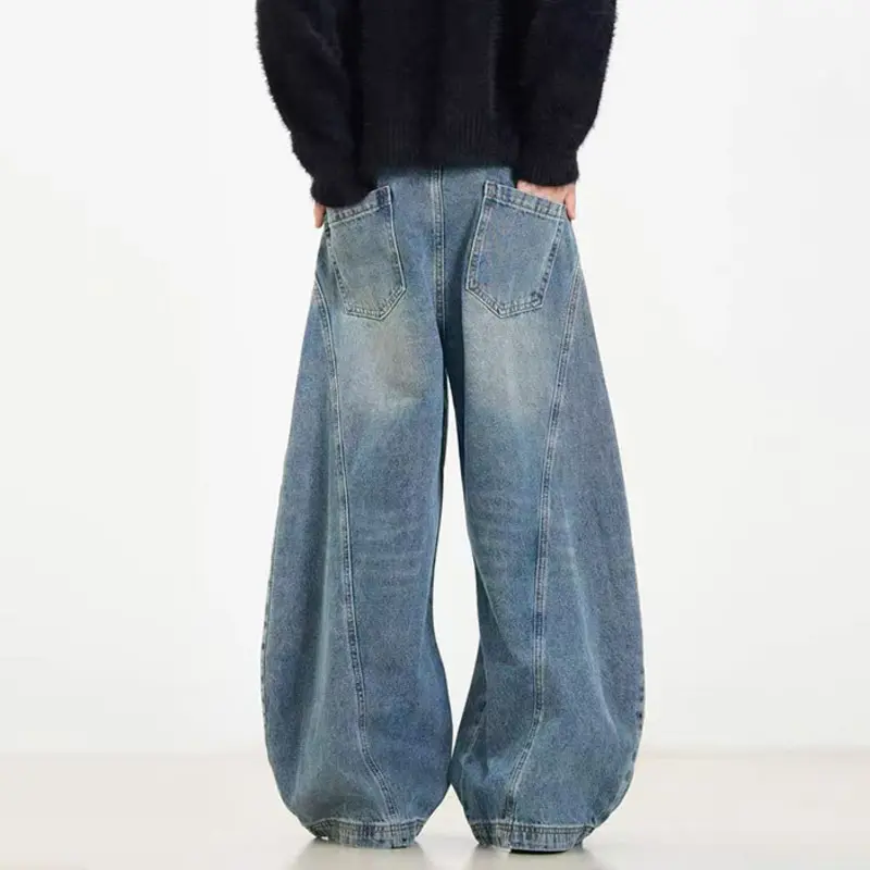 IEFB American Style Men's Denim Trousers Washing Solid Color Vintage Curved Knife Pants Wide Leg Loose Male Jeans Simple 9W2980