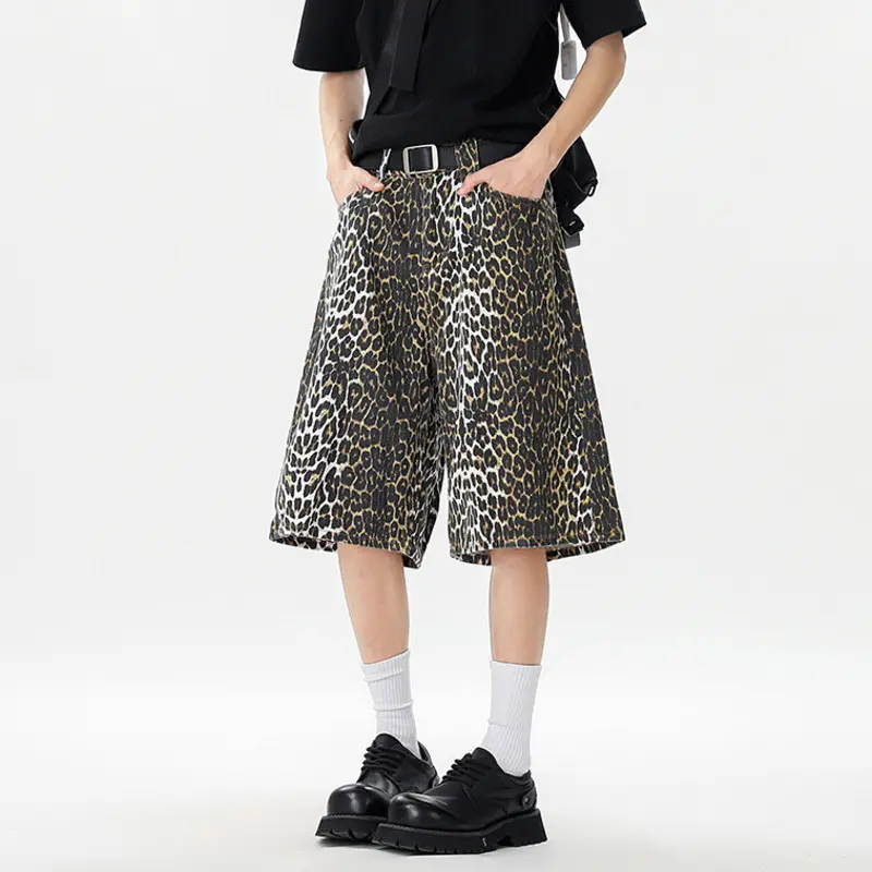 IEFB Niche Design Men's Denim Shorts Leopard Printing Casual Cropped Trousers Washed Wide Leg Loose Male Jeans New Trendy 9W3173