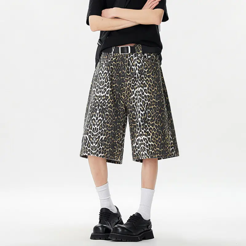 IEFB Niche Design Men's Denim Shorts Leopard Printing Casual Cropped Trousers Washed Wide Leg Loose Male Jeans New Trendy 9W3173