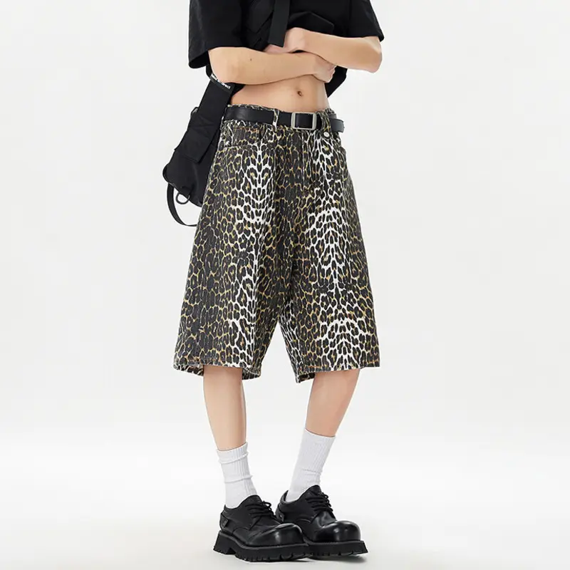 IEFB Niche Design Men's Denim Shorts Leopard Printing Casual Cropped Trousers Washed Wide Leg Loose Male Jeans New Trendy 9W3173
