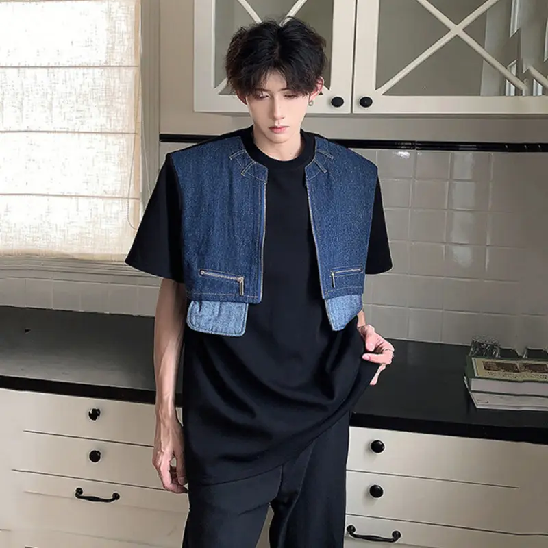 IEFB Denim Patchwork Men's Tees Shoulder Pads Fake Two-piece Design Casual Short Sleeved Loose Male Pullover T-shirts New 9W2552