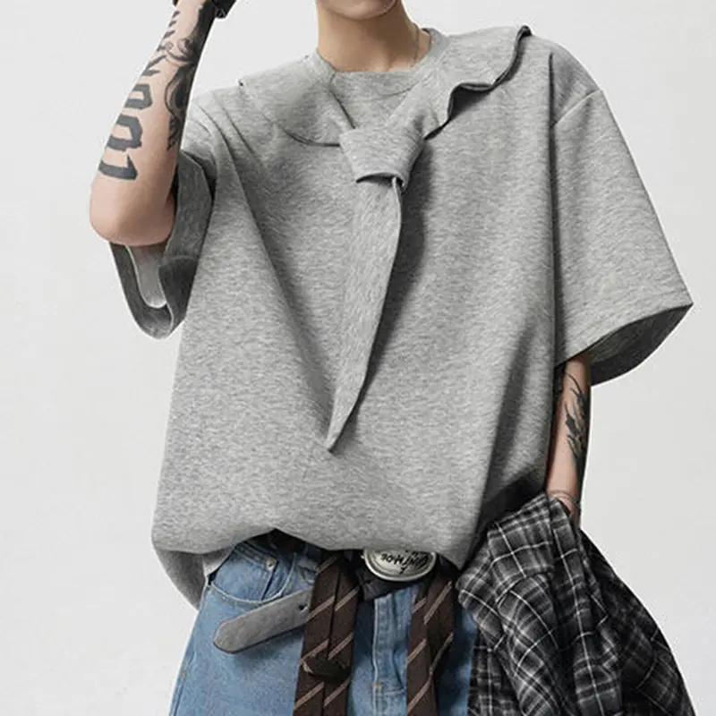 IEFB Men's T-shirts Short Sleeve Solid Color Trendy New Korean Style Tie Design Round Neck Pullover Male Clothing 9W1943