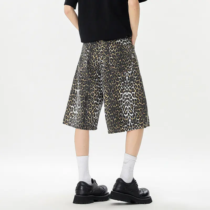 IEFB Niche Design Men's Denim Shorts Leopard Printing Casual Cropped Trousers Washed Wide Leg Loose Male Jeans New Trendy 9W3173