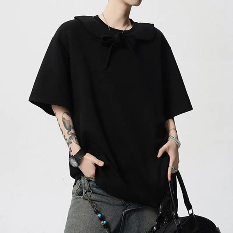 IEFB Men's T-shirts Short Sleeve Solid Color Trendy New Korean Style Tie Design Round Neck Pullover Male Clothing 9W1943
