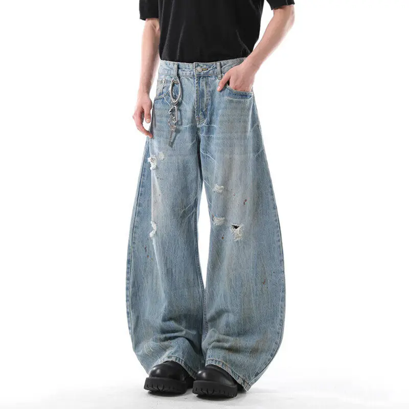 IEFB Niche Design Men's Jeans Washing Holes Contrast Color Worn-out Loose Wide Leg Casual Straight Male Denim Pants New 9W3314