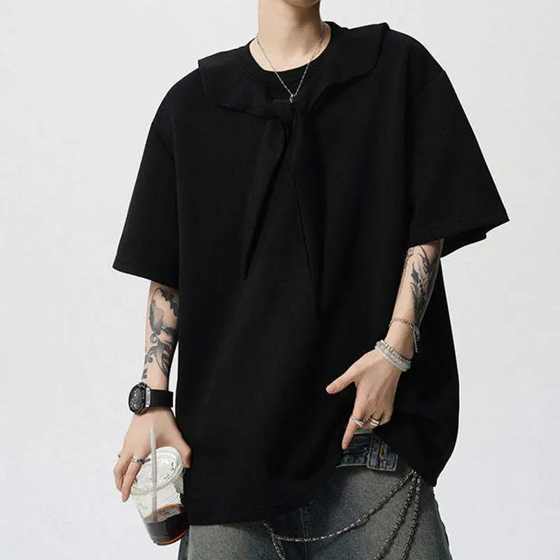 IEFB Men's T-shirts Short Sleeve Solid Color Trendy New Korean Style Tie Design Round Neck Pullover Male Clothing 9W1943