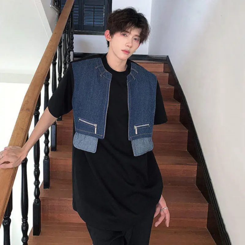IEFB Denim Patchwork Men's Tees Shoulder Pads Fake Two-piece Design Casual Short Sleeved Loose Male Pullover T-shirts New 9W2552
