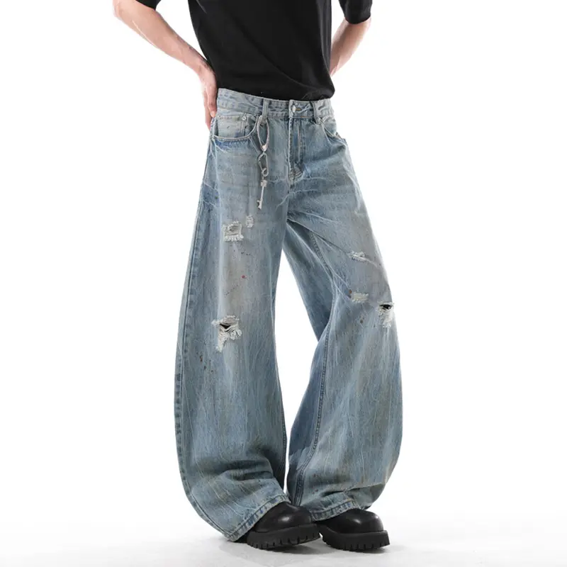 IEFB Niche Design Men's Jeans Washing Holes Contrast Color Worn-out Loose Wide Leg Casual Straight Male Denim Pants New 9W3314