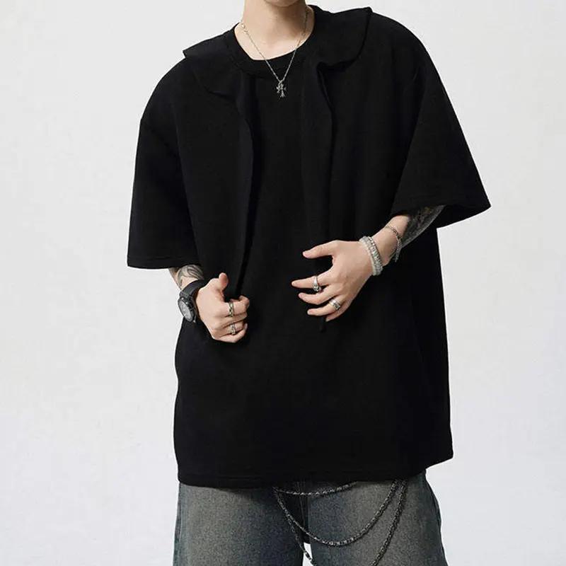 IEFB Men's T-shirts Short Sleeve Solid Color Trendy New Korean Style Tie Design Round Neck Pullover Male Clothing 9W1943