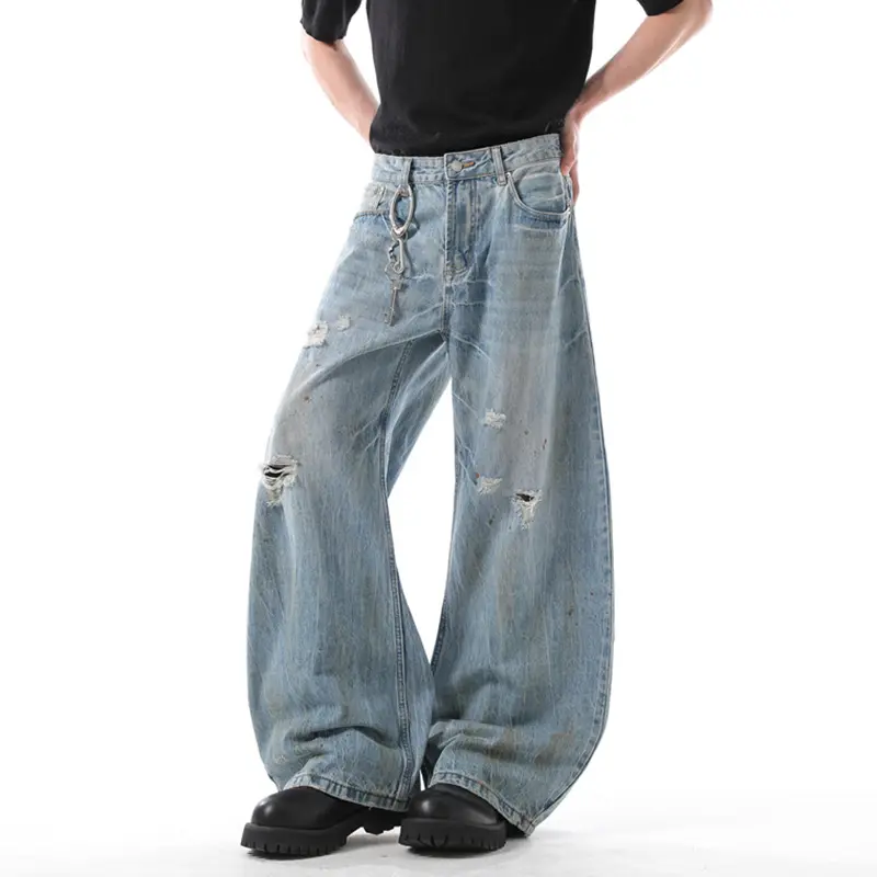 IEFB Niche Design Men's Jeans Washing Holes Contrast Color Worn-out Loose Wide Leg Casual Straight Male Denim Pants New 9W3314