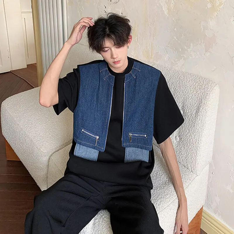 IEFB Denim Patchwork Men's Tees Shoulder Pads Fake Two-piece Design Casual Short Sleeved Loose Male Pullover T-shirts New 9W2552