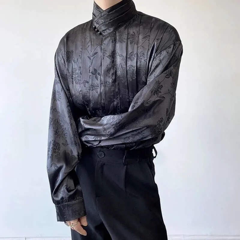 IEFB Chinese Pleated Stand Collar Jacquard Satin Trend Men's Shirt Long Sleeved Fashionable 2025 Spring Male Tops Solid Color