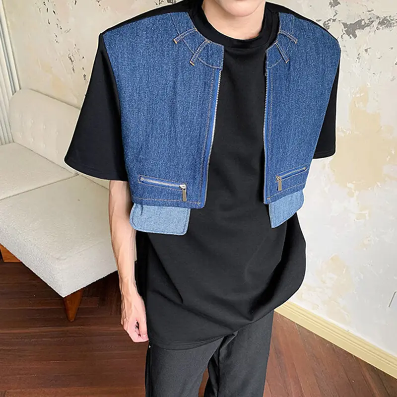 IEFB Denim Patchwork Men's Tees Shoulder Pads Fake Two-piece Design Casual Short Sleeved Loose Male Pullover T-shirts New 9W2552