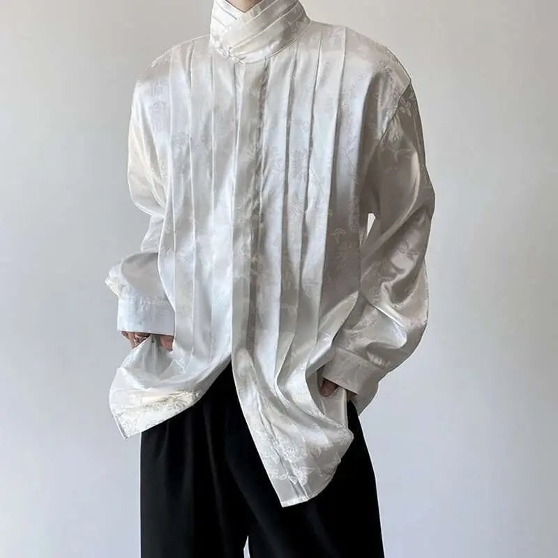 IEFB Chinese Pleated Stand Collar Jacquard Satin Trend Men's Shirt Long Sleeved Fashionable 2025 Spring Male Tops Solid Color