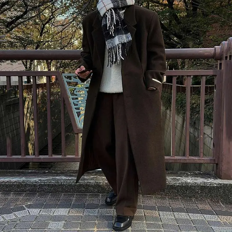 IEFB Korean Style Men's Woollen Coats Single Breasted Solid Color Overknee Thickened Male Windbreakers Spring Tide 2025 9C7831