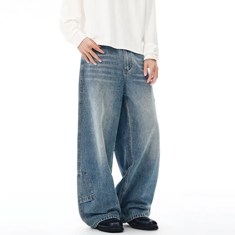 IEFB Simple New Men's Denim Pants Solid Color Washed Reverse Pocket Design Casual Straight Leg Loose Male Jeans Autumn 9W4211