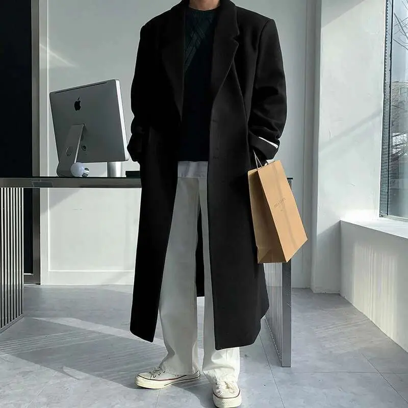 IEFB Korean Style Men's Woollen Coats Single Breasted Solid Color Overknee Thickened Male Windbreakers Spring Tide 2025 9C7831