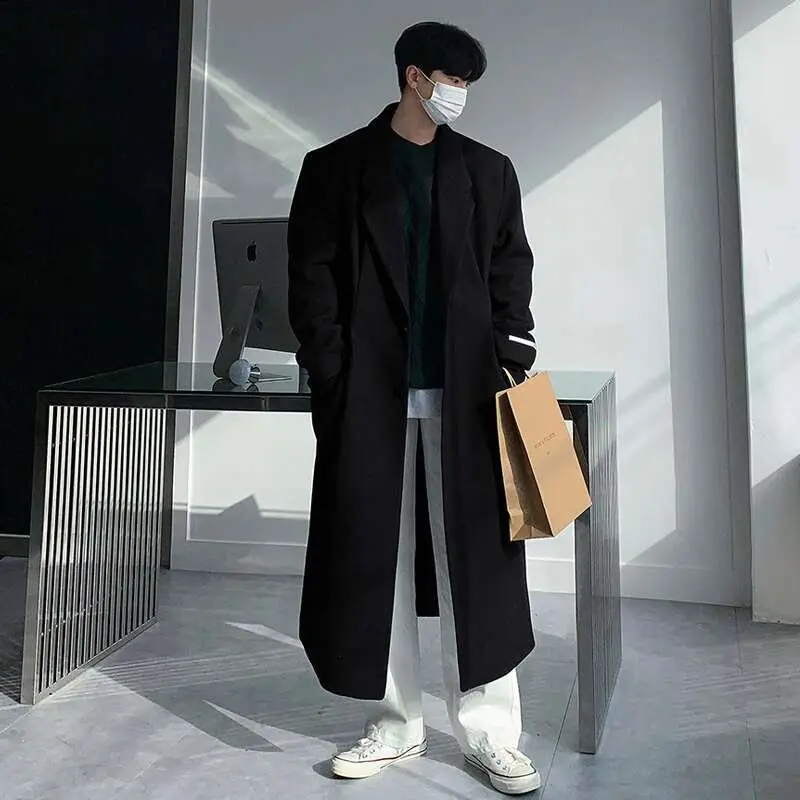 IEFB Korean Style Men's Woollen Coats Single Breasted Solid Color Overknee Thickened Male Windbreakers Spring Tide 2025 9C7831