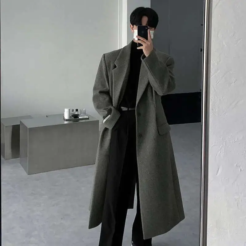IEFB Korean Style Men's Woollen Coats Single Breasted Solid Color Overknee Thickened Male Windbreakers Spring Tide 2025 9C7831