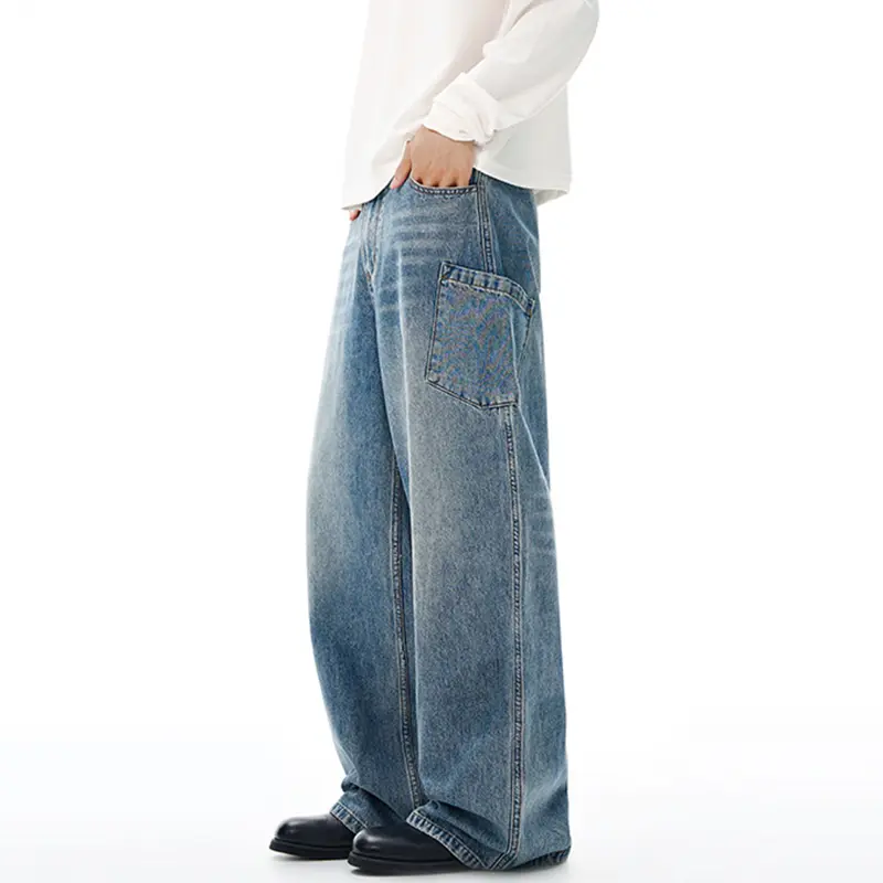 IEFB Simple New Men's Denim Pants Solid Color Washed Reverse Pocket Design Casual Straight Leg Loose Male Jeans Autumn 9W4211
