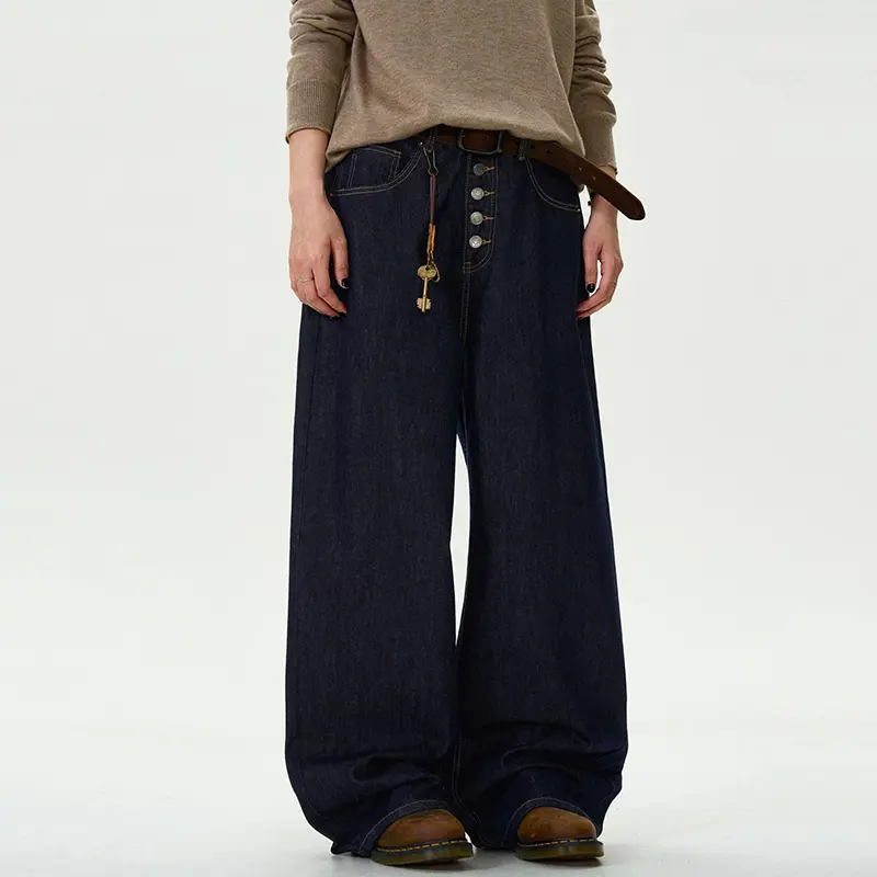 IEFB Men's Jeans New Straight Loose Fit Buttons Design American Denim Pants Male Solid Color Male Trousers Summer 9W1457