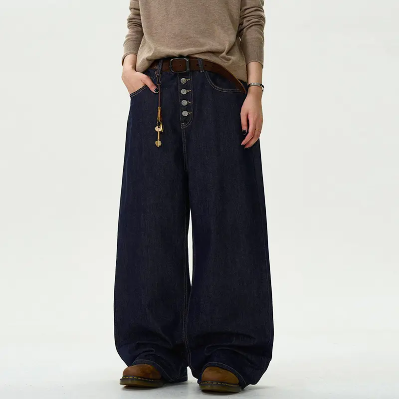 IEFB Men's Jeans New Straight Loose Fit Buttons Design American Denim Pants Male Solid Color Male Trousers Summer 9W1457