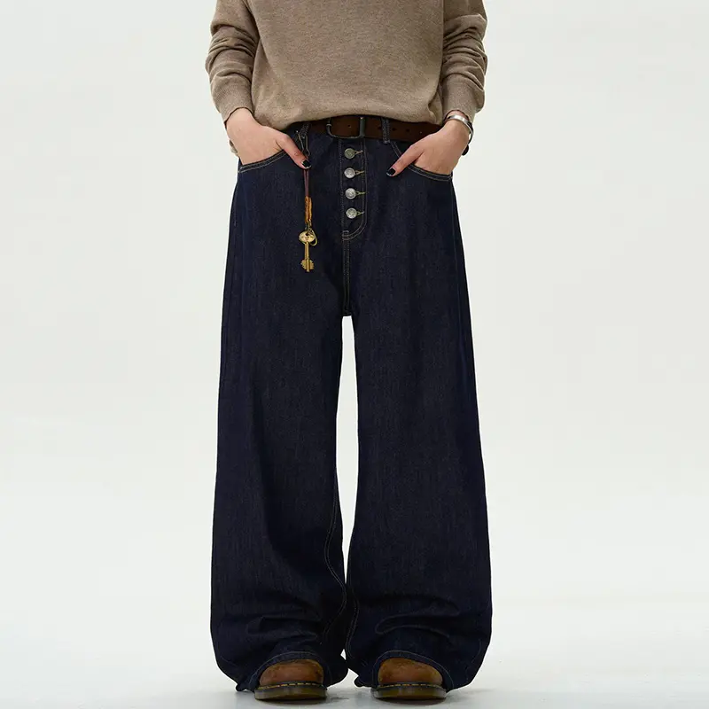 IEFB Men's Jeans New Straight Loose Fit Buttons Design American Denim Pants Male Solid Color Male Trousers Summer 9W1457