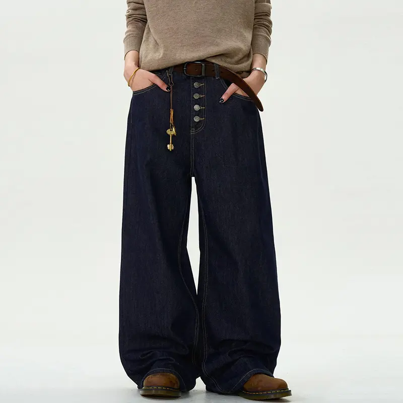 IEFB Men's Jeans New Straight Loose Fit Buttons Design American Denim Pants Male Solid Color Male Trousers Summer 9W1457