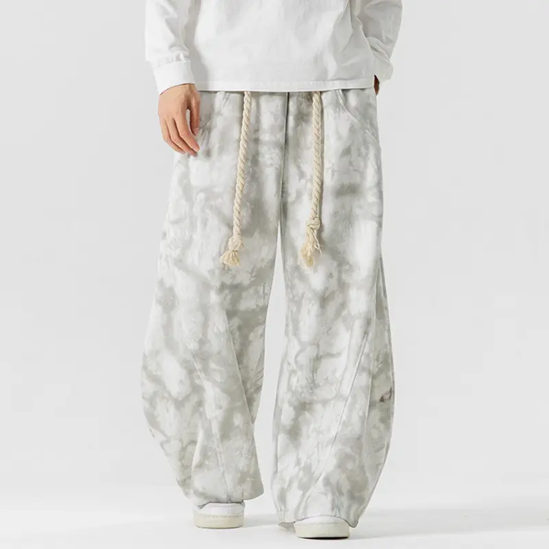 IEFB Niche Design Men's Casual Pants Rope Tie Dye Wide Leg Machete Trousers Contrast Color Pocket Straight Male Bottom 9W2377